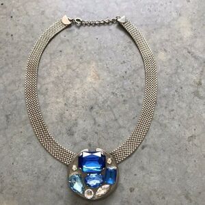1980s Statement Blue Silver Crystal Stainless Steel Pendant Chainlink Necklace